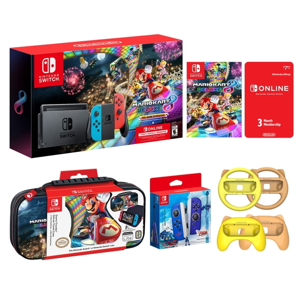 Nintendo Switch Mario Kart 8 Neon Deluxe Racing Bundle: Red Blue Joy Con Console, Mario Kart 8 Deluxe & Online Membership, Mario Kart 8 Travel Case, Zelda JoyCons, 4 Pcs Mytrix Wheels and Grips Nintendo Nintendo Switch