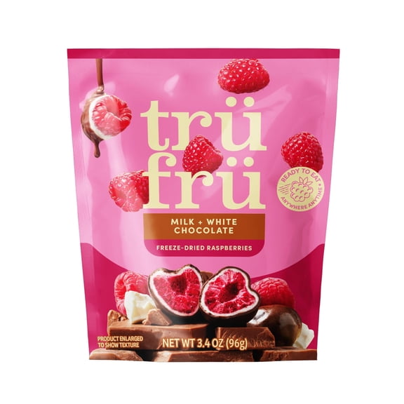 Tru Fru Freeze Dried Raspberries in Milk & White Chocolate 3.4 oz Resealable Pouch