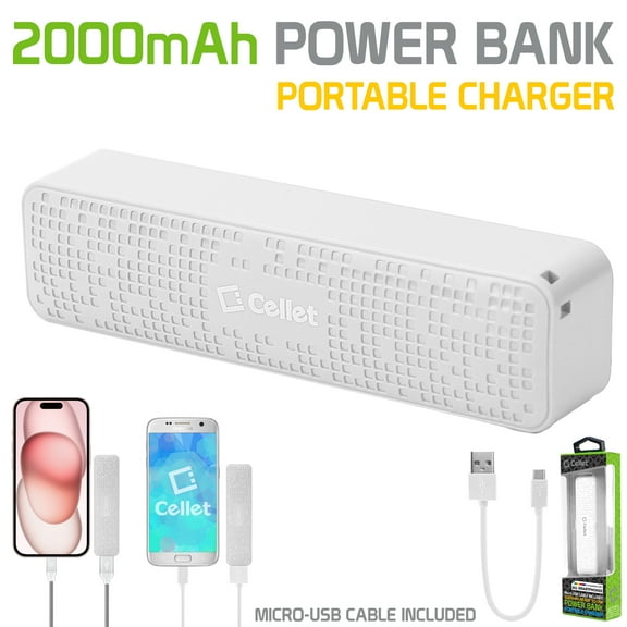 Cellet 2000mAh Power Bank Portable Charger Compatible with Apple, Samsung, Android Devices, and Portable Fan - White