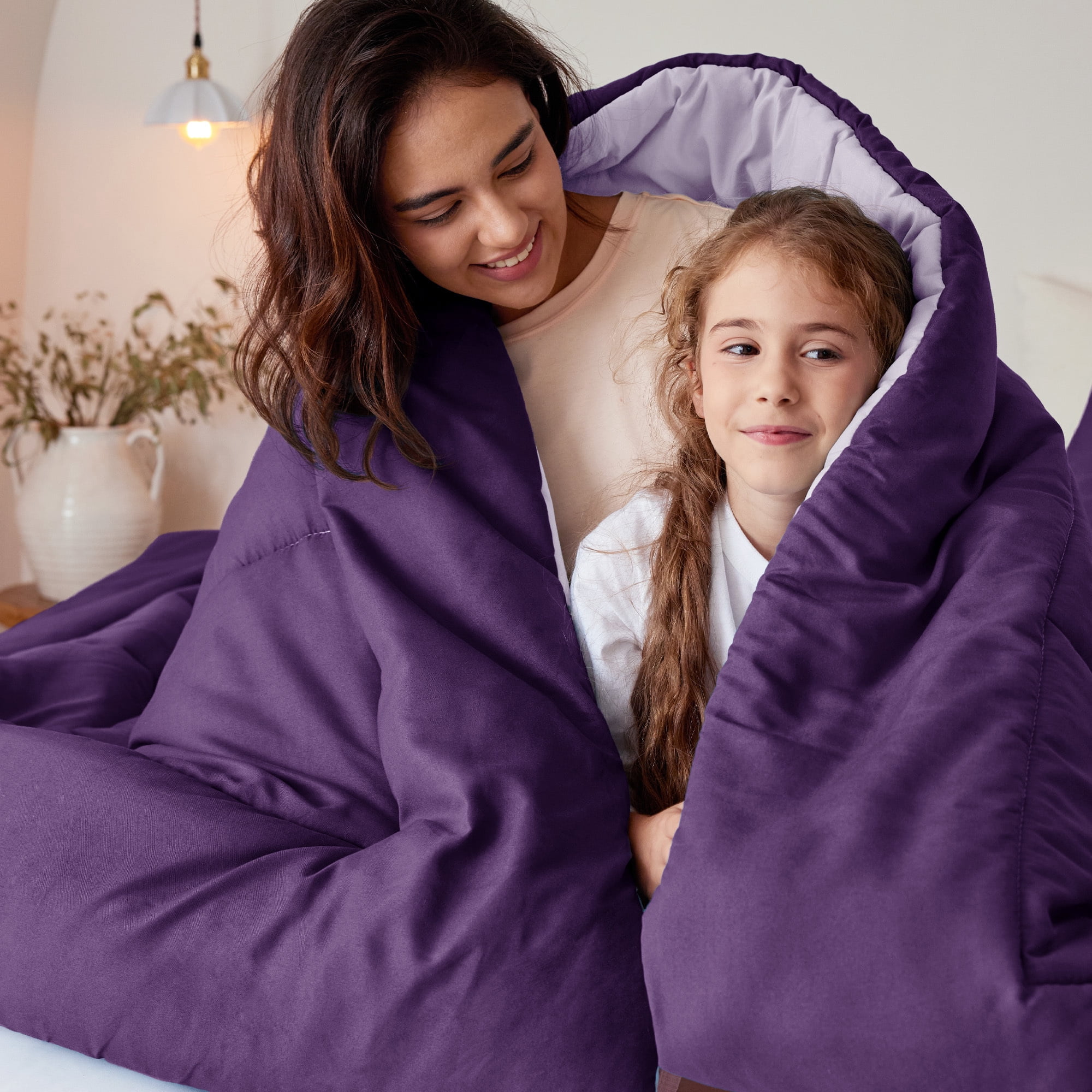 Exclusivo Mezcla Lightweight Reversible 3-Piece Comforter Set All Seasons, Down Alternative Comforter with 2 Pillow Shams, Queen Size, Deep Purple/ Lilac