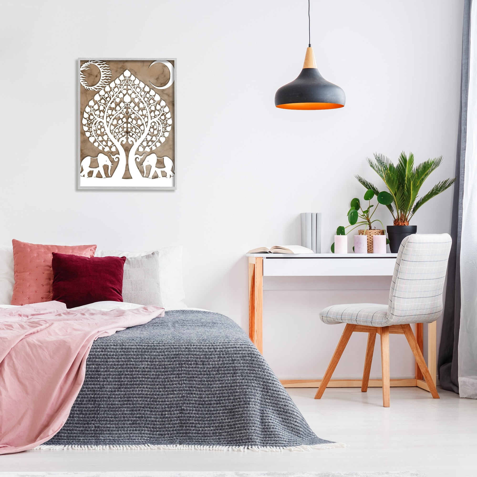 Stupell Industries Boho Elephants Tree of Life Abstract Sun Moon Graphic Art Gray Framed Art Print Wall Art, 24x30, by Daphne Polselli