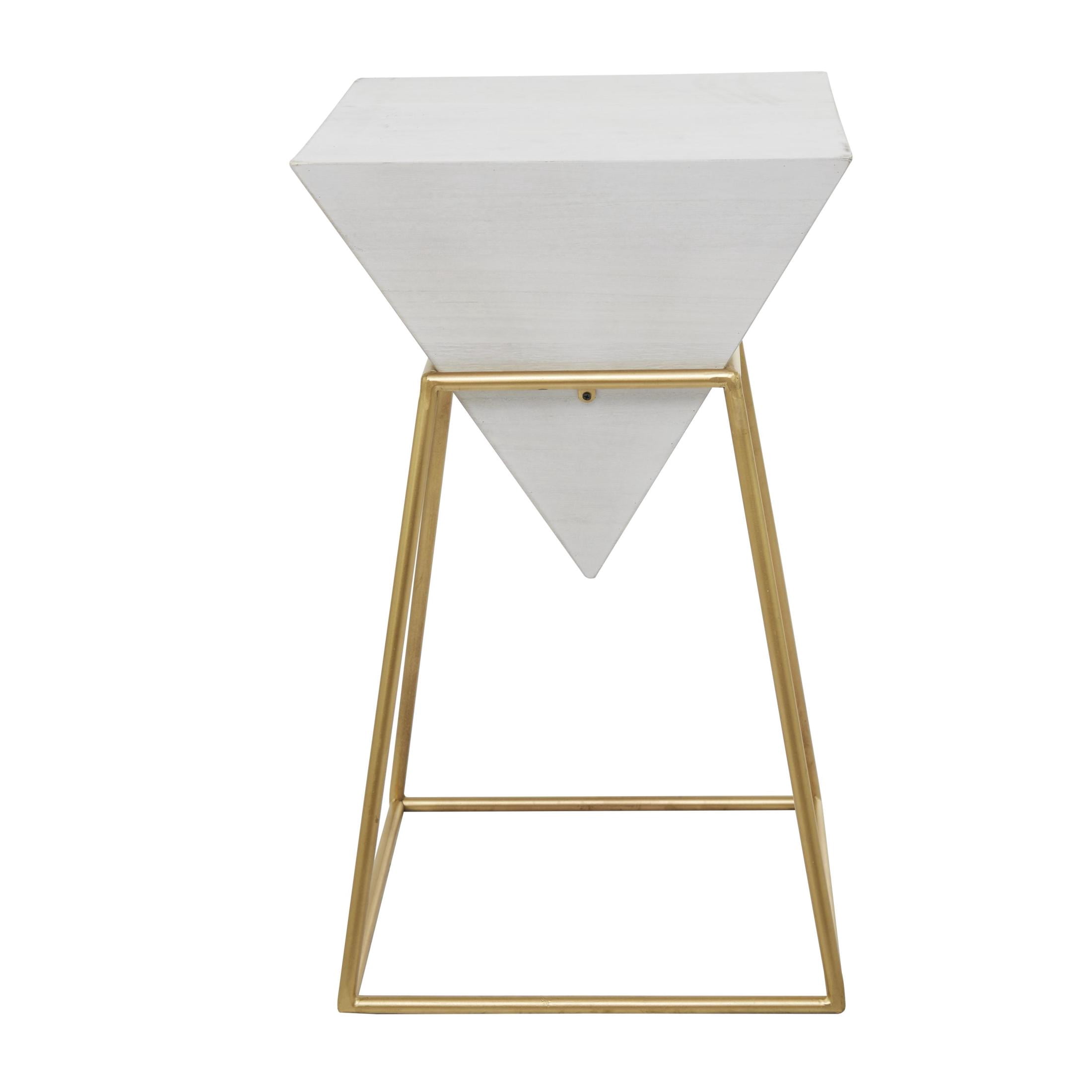 DecMode 14" x 24" White Wood Inverted Pyramid Geometric Accent Table with Gold Metal Stand, 1-Piece