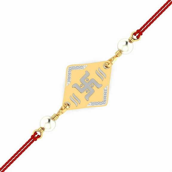 KuberBox 18K Yellow Gold Swastik Pearl Rakhi for Brother