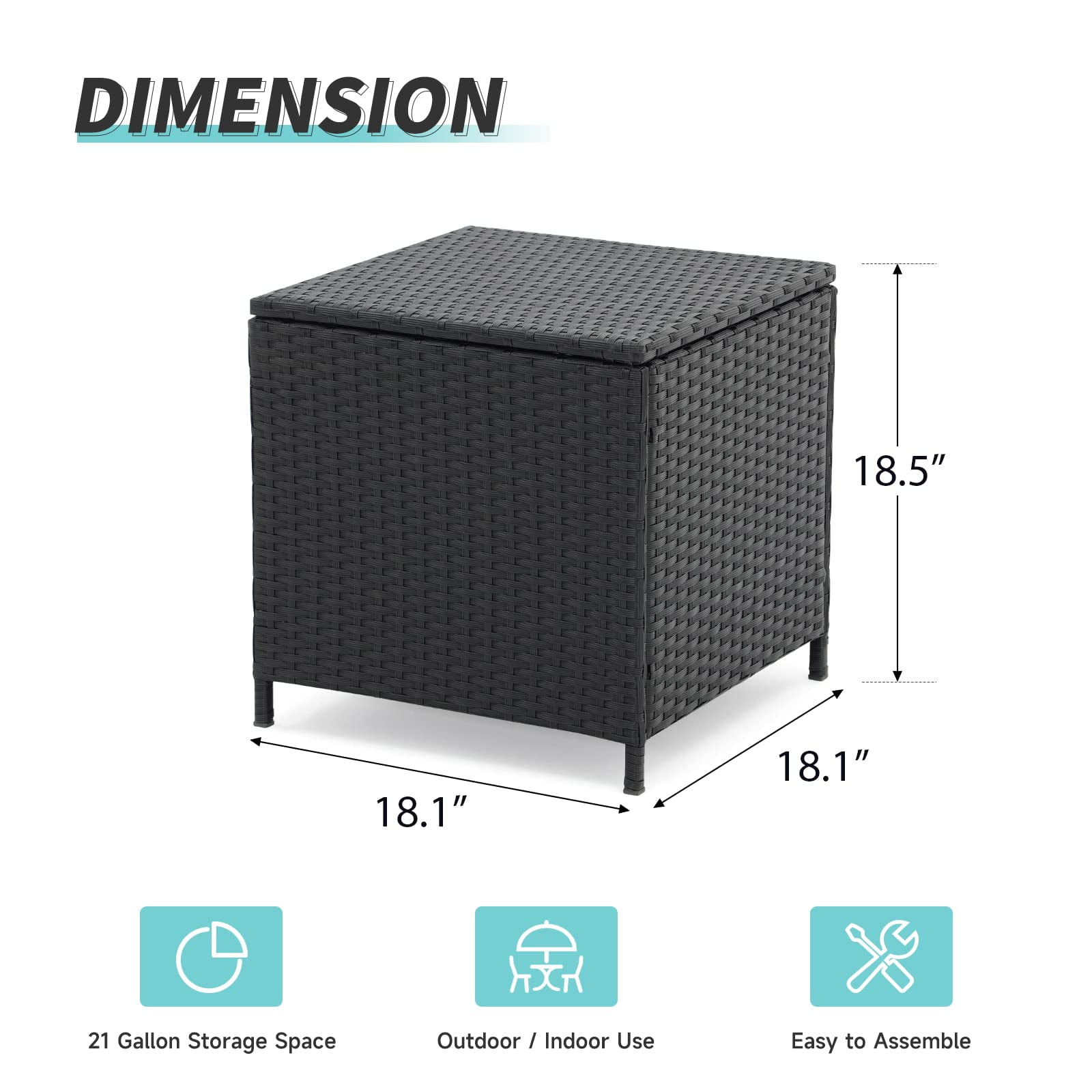 JOIVI Outdoor Wicker Side Table, All-weather Rattan Small Storage Box End Table, Square Resin Coffee Table with Iron Frame,Black