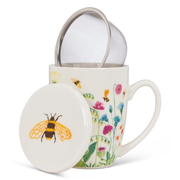4.5 in. Bees in The Garden with Bee Pattern Lid & Strainer Mug, White & Multi Color