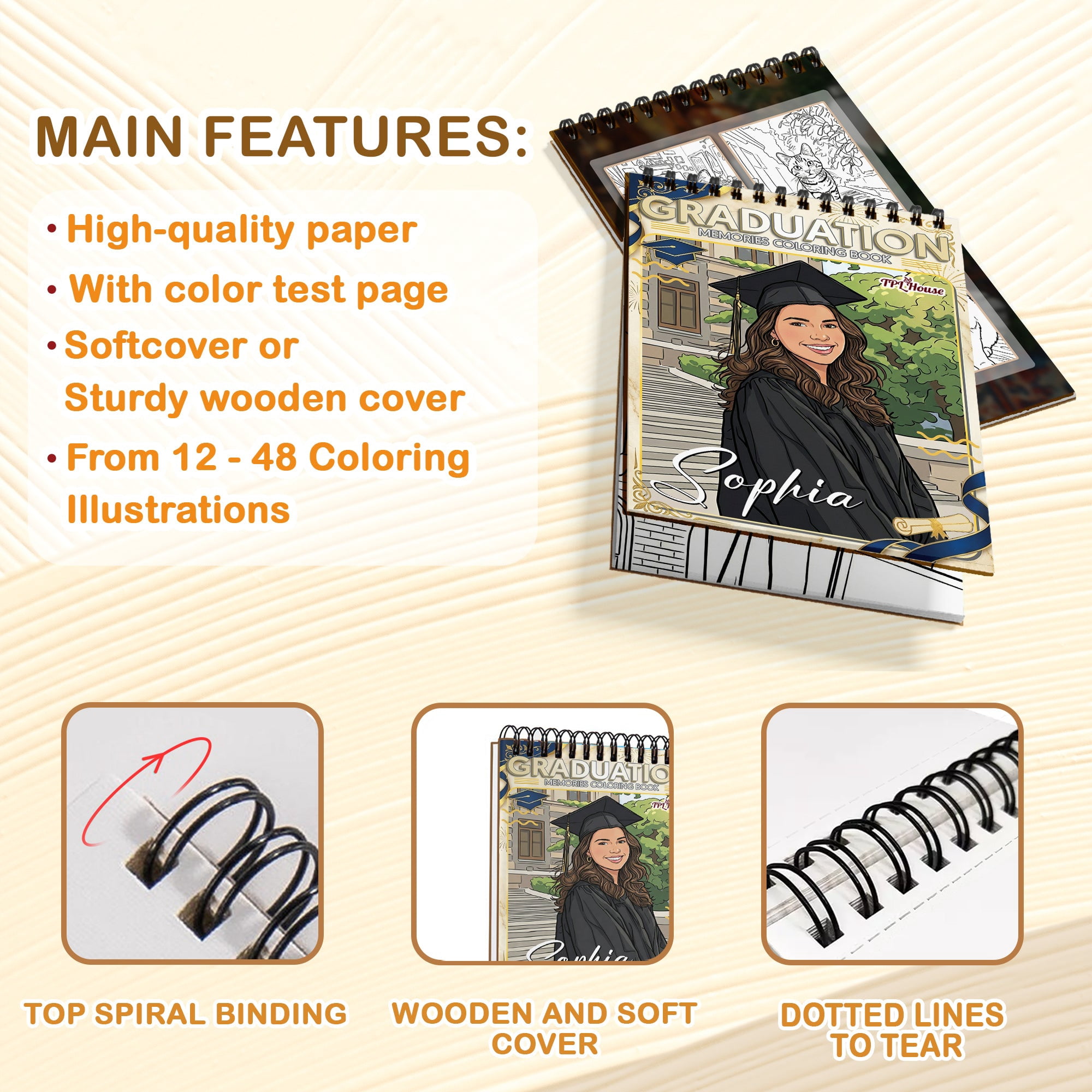 Personalized Graduation Coloring Book for Adults, Custom Coloring Pages from Your Graduation Photos, 12–48 Pages, Class of 2026 Gifts, Premium Wooden Cover, Spiral Binding