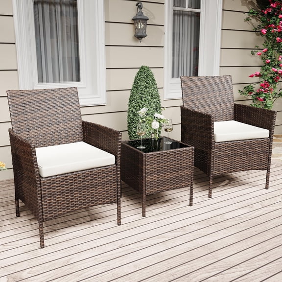 3 Piece Outdoor Patio Furniture Set, PE Rattan Wicker Chairs with Soft Cushions, Tempered Glass Coffee Table, All Weather Conversation Set for Garden Porch Poolside, Brown Beige