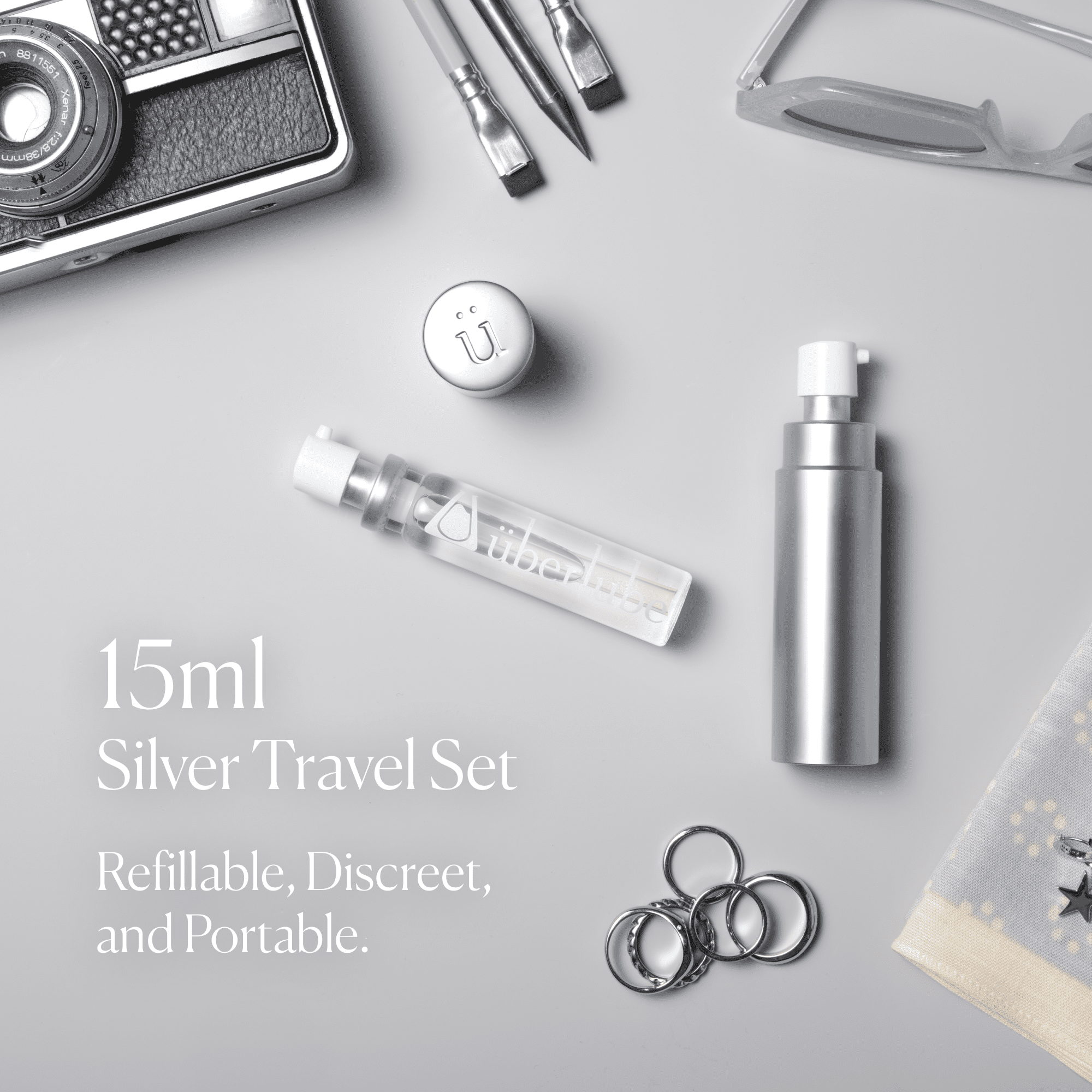 Uberlube Silicone Personal Lubricant, Silver Travel Kit, 15ml, Unscented, Waterproof, Latex-Safe