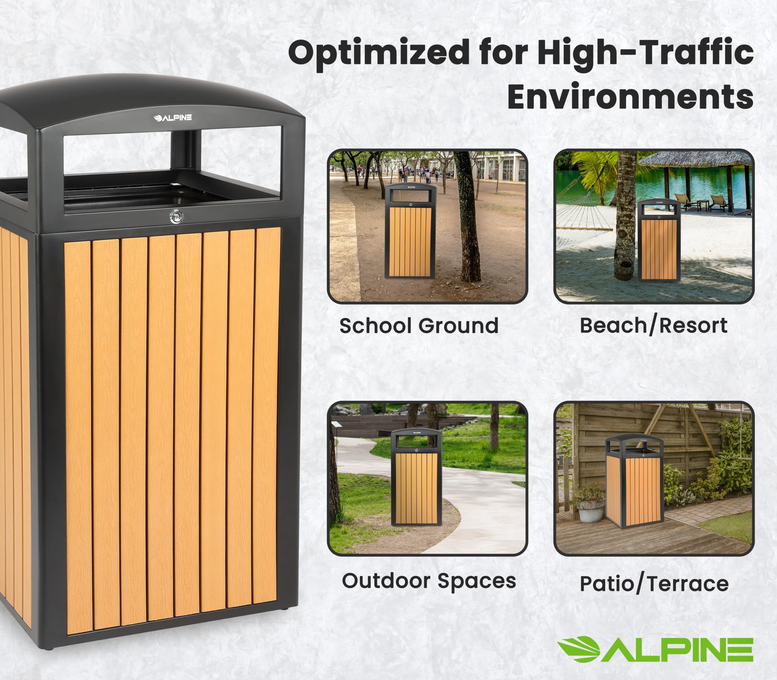 Alpine 40 Gallon Commercial Outdoor Trash Can with Lid - Modern Heavy Duty Large Outdoor Garbage Can with Durable Plastic Bin, Slatted Recycled Plastic Panels Perfect for Patio, Parks, Trails & Resor