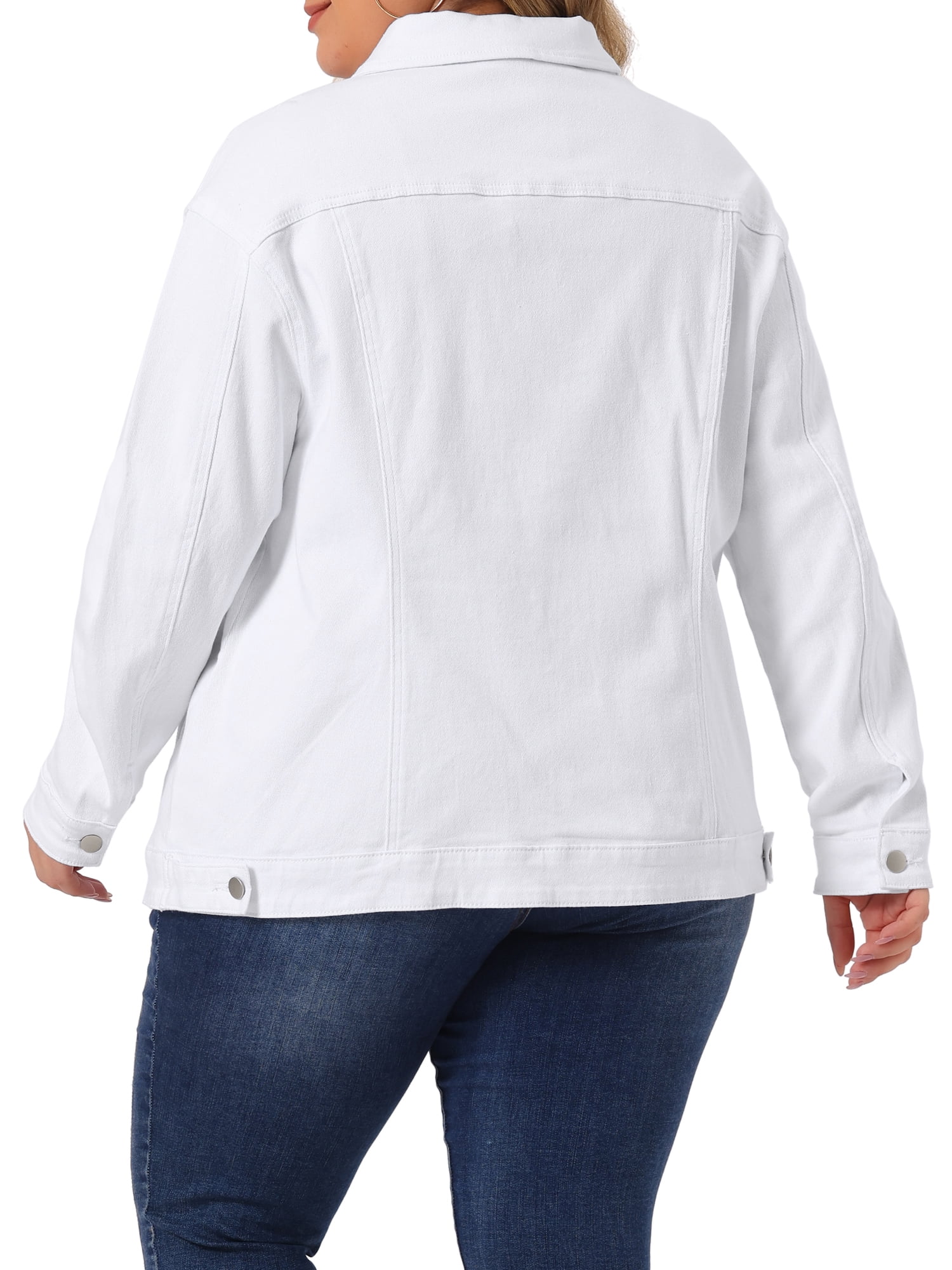 Unique Bargains Women's Plus Size Long Sleeve Button Front Washed Denim Jacket