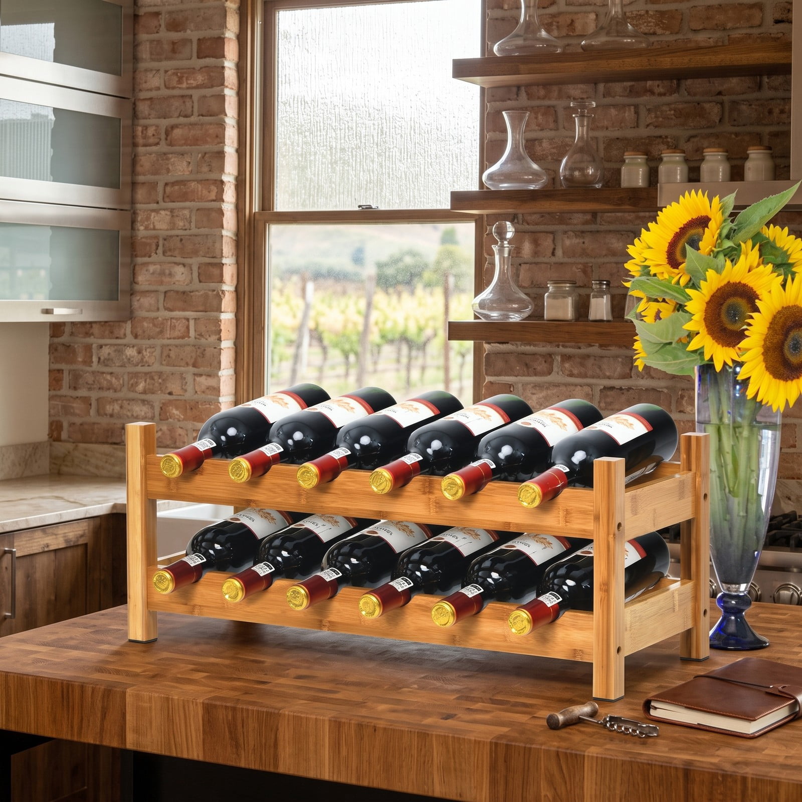 RUIE 2-Tier Bamboo Wine Rack, 12-Bottle Countertop Storage Shelf Holder for Kitchen Pantry Wine Cellar Bar, Space-Saving Freestanding Wooden Display Organizer, Natural