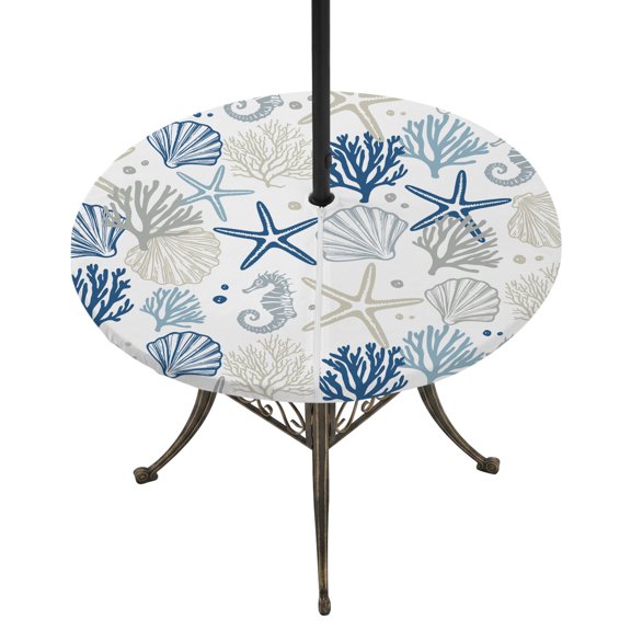 Round Outdoor Tablecloth with Umbrella Hole and Zipper, Blue Beige Coastal Fitted Table Cover with Elastic Edge for 36-44 Inch, Summer Beach Starfish Coral Nautical Waterproof Patio Tablecoths