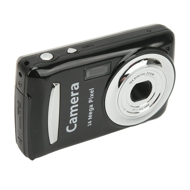 cámara digital anggrek de vídeo tft 24 pulgadas hd 1080p xj03 para fotografía, cámara compacta negra en vista 3/4 con lente cromada y texto "Camera 16 Mega Pixel"; botones de disparo y encendido en el borde superior, pequeño flash sobre el lente, orificios para micrófono y parlante, pantalla TFT de 2,4 pulgadas visible, zoom digital 16x, aprox. 137 g y almacenamiento por tarjeta SD (hasta 32 GB, no incluida). Adecuada también para fotografía de viaje y eventos casuales.