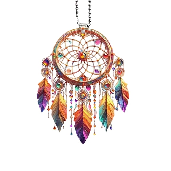 Colorful Rainbow Feather Dreamcatcher Car Rearview Mirror Hanging Ornament, Boho Rhinestone Bead Auto Interior Window Charm Decor