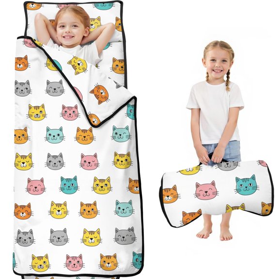 Multicolor Cat Head White Pattern Teens Toddler Nap Mat with Pillow, Sleeping Mat Bag for Preschool Daycare 59"x22"