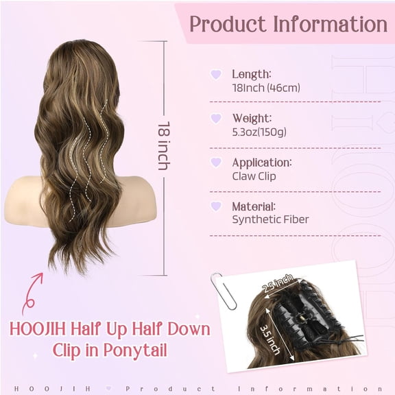 WEIF-Clip in Ponytail Extension, 18 Inch Wavy Synthetic Fiber Ponytail Hair Pieces for Women - Chocolate Brown with Highlights