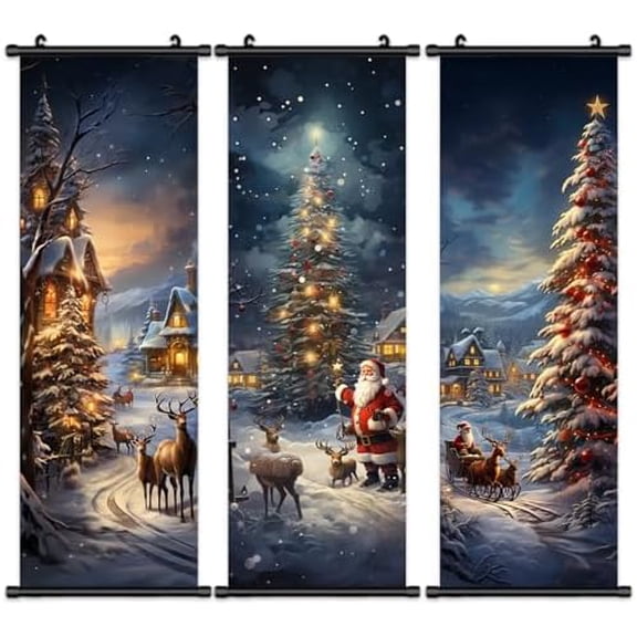3Pcs Christmas Canvas Wall Art 15.8x47.2in Santa Claus and Reindeer Rustic Prints, Farmhouse Christmas Poster, Vintage Winter Wonderland Wall Decor for Living Room, Bedroom, Bathroom, Porch