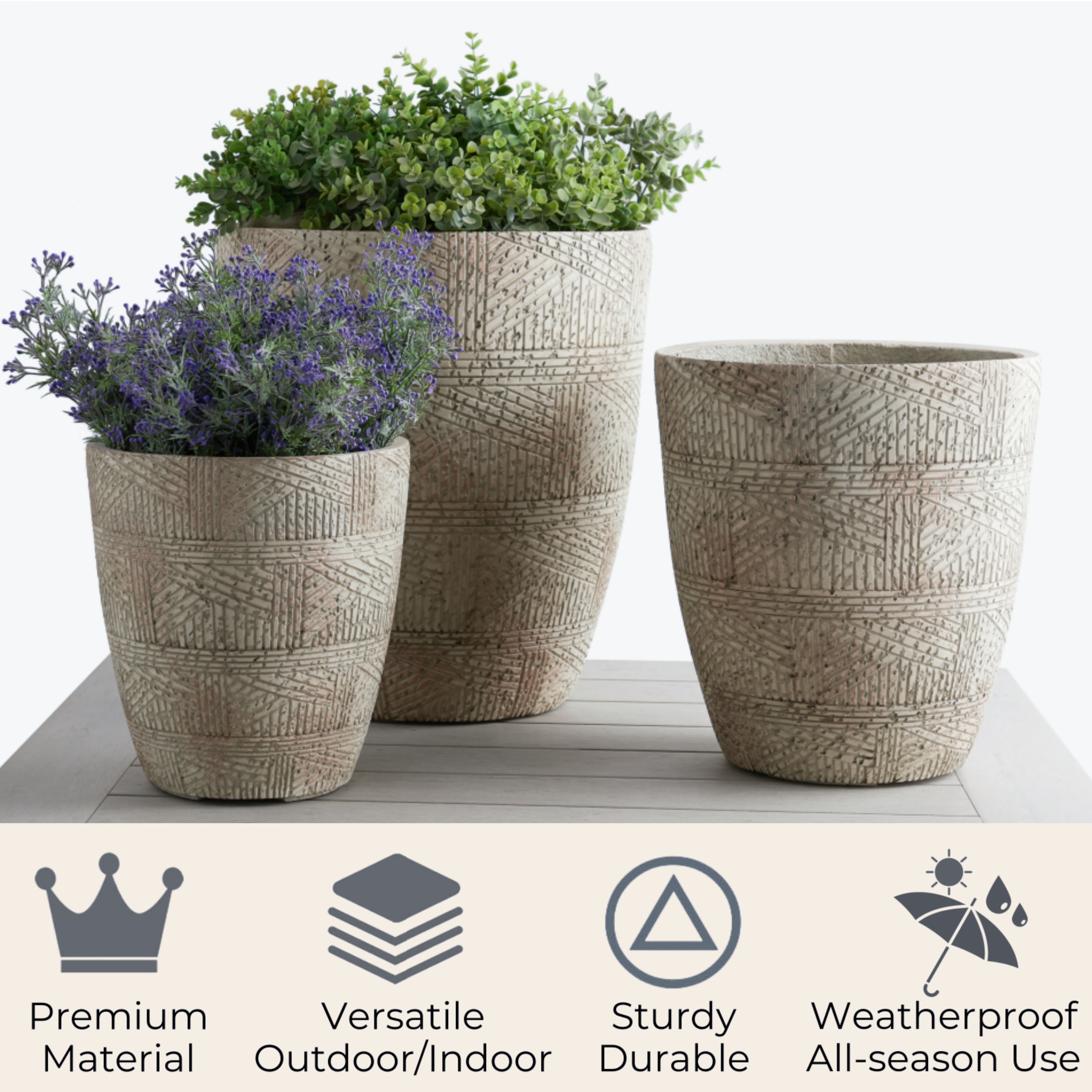 Wallowa Concrete Flower Pots with Drainage Holes, 17.6"+13.8"+9.8" Dia Round Plant Container for Indoor or Outdoor, Set of 3, Gray