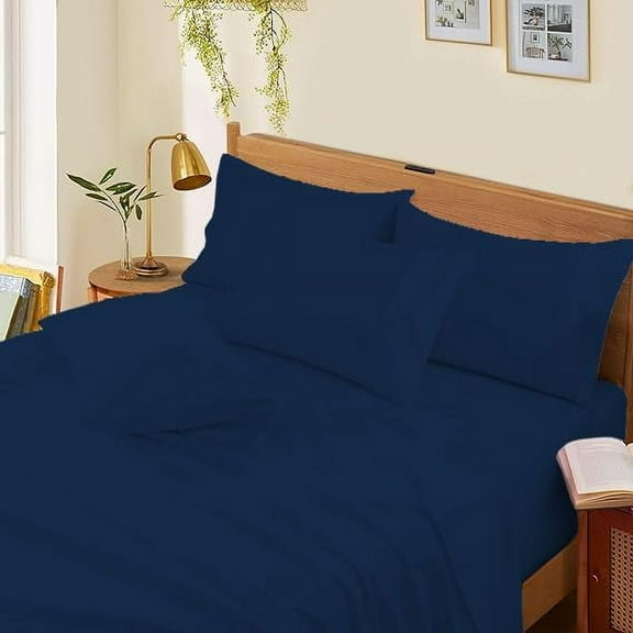 1000 Thread Count 4-Piece 100% Egyptian Cotton Bed Sheets Luxury Hotel Sheets Fits Mattress Upto 21" Deep Pocket, Queen Size - Navy Blue Solid