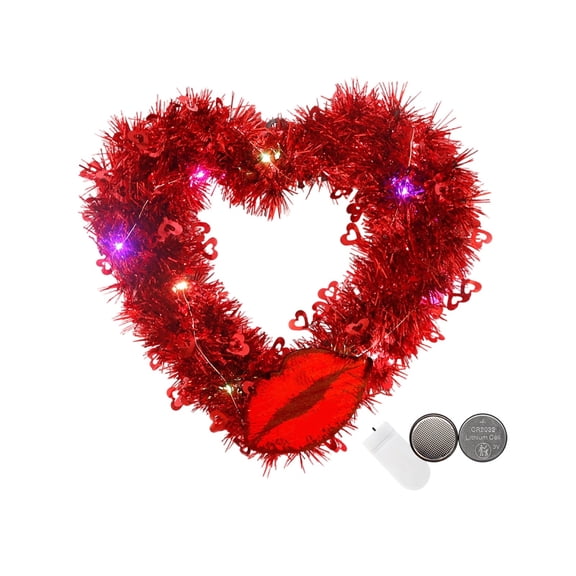 Lighted Valentine Heart Wreath,12 in Purple Red Heart Shaped Tinsel Wreath with LED Lights,Foil Hearts and Love Sign,Red Valentine's Wreath for Front Door,Valentines Day Decoration