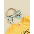 thumbnail image 6 of Bslissey Infant Girls Summer 3Pcs Outfits Baby Girl Short Sleeve Letter Print Romper + Cartoon Print Flare Pants + Headband 3M 6M 12M Newborn Casual Long Pants Sets, 6 of 9