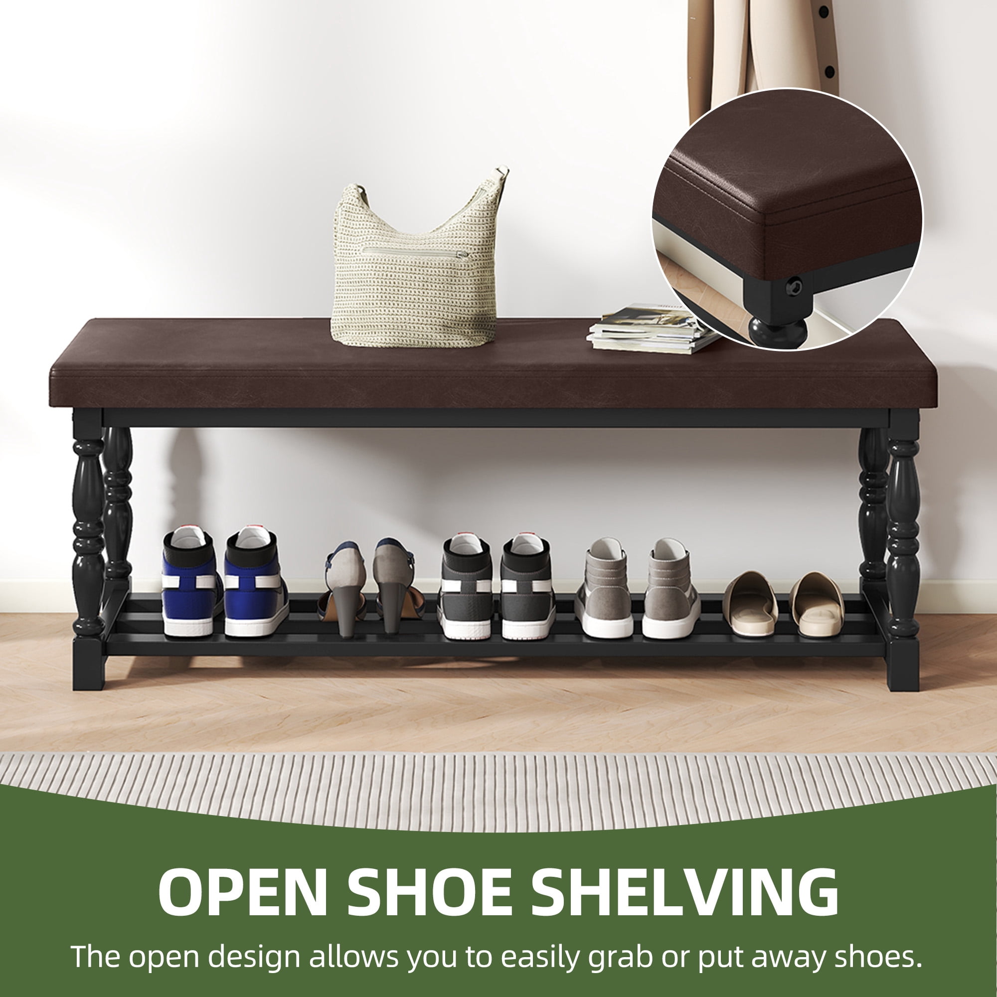 Uforic 48" Rectangular Shoe Bench with Shelves, Storage & Cushioned  Seat,Shoe Rack with Roman Style Legs - Black & Brown