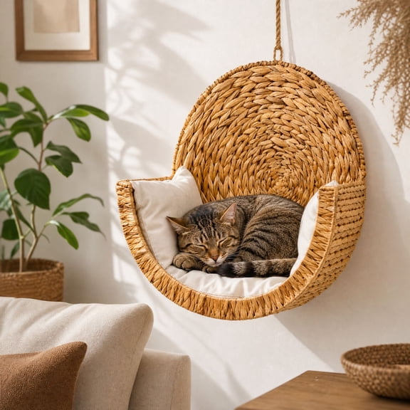 Handwoven Hanging Cat Bed for Indoor Cats, Natural Rattan Wicker Basket with Soft Cushion, Cozy Boho Pet Bed for Sleeping & Relaxing, Sturdy Breathable Cat Swing Chair