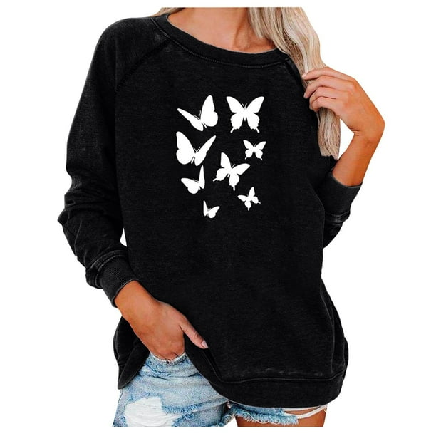 KIJBLAE Rollbacks Women&rsquo;s Fashion Shirts Classic Comfy Sweatshirt Trendy Clothing for Women Round Neck Pullover Butterfly Graphic Print Tops Long Sleeve Blouse Black S