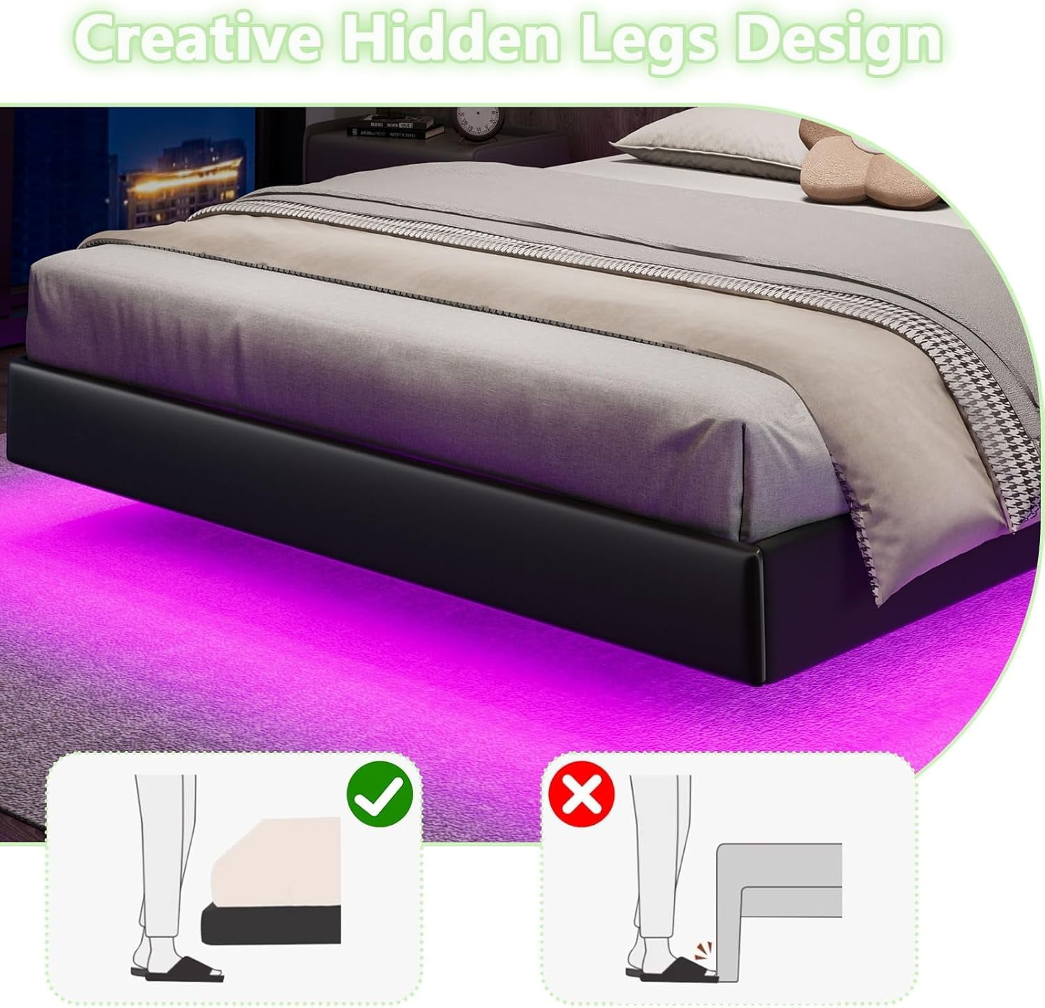4 EVER WINNER Full Size LED Bed Frame, Full Floating Bed Frame with LED Light, White Bed Frame with Headboard, Black