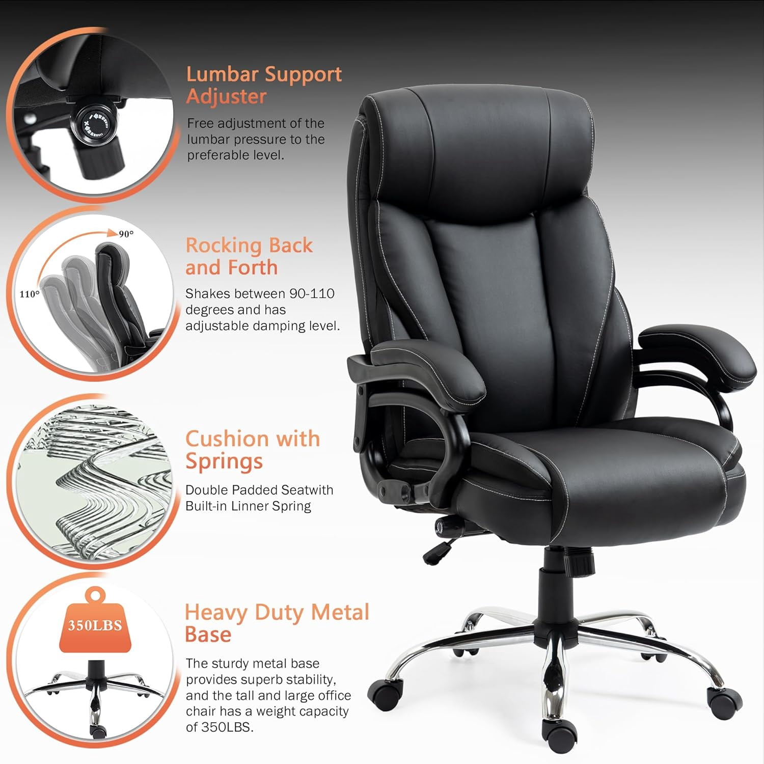 350lbs Big and Tall Office Chair - Adjustable Lumbar Support, Spring Cushioned High Back Executive Desk Chair for Ergonomic Comfort and Back Pain Relief