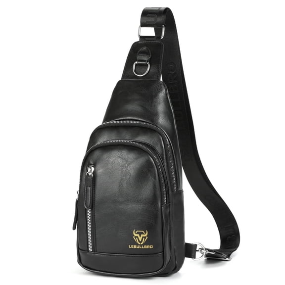 LEBULLBRO Sling Bag for Men Soft Leather Chest Bag Crossbody Backpack Travel Hiking Outdoor Sports Black