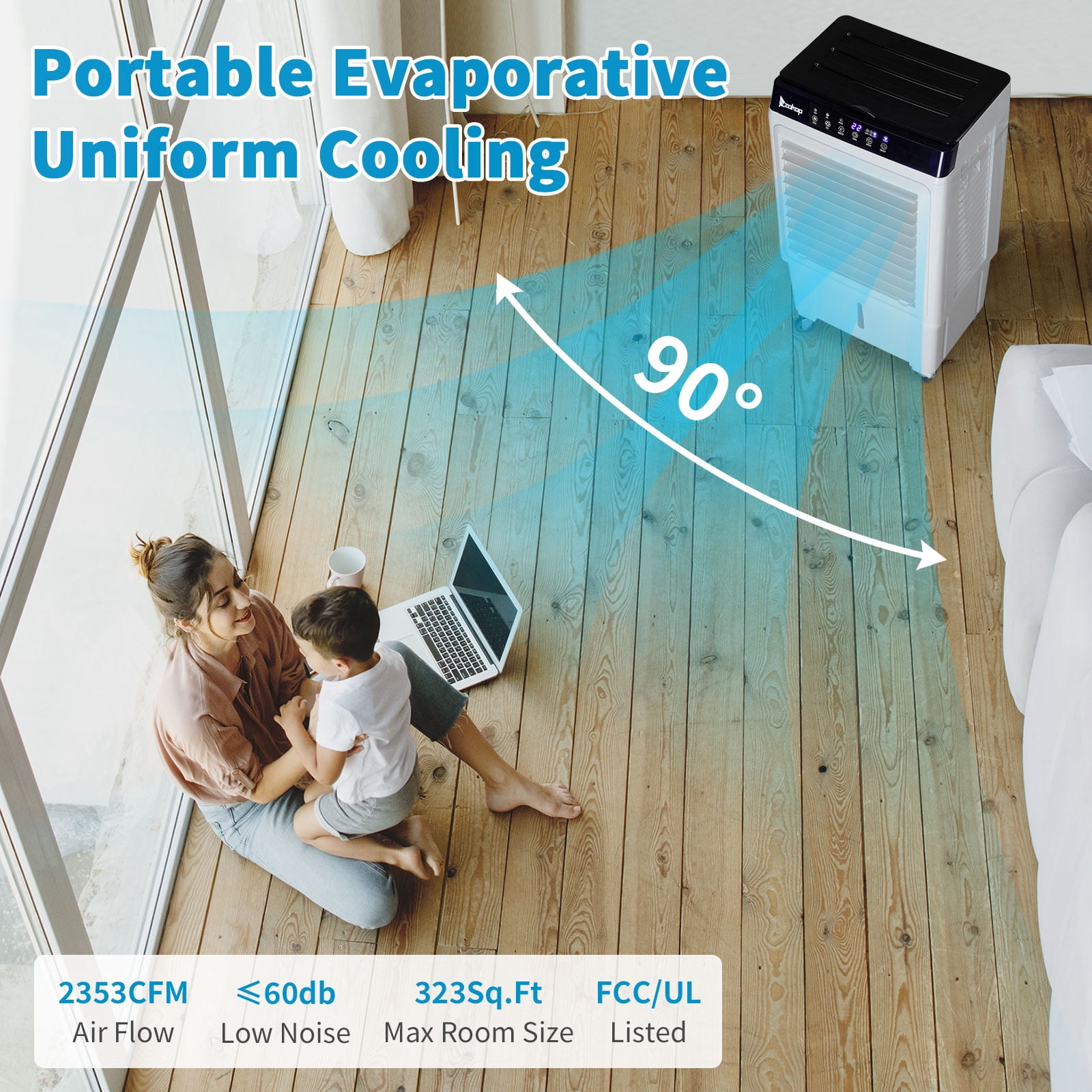 Evaporative Air Cooler, 2353CFM Portable Cooling Fan w/ Humidifier, Indoor Outdoor Swamp Cooler for Home Patio, 7.9GAL Water Tank, 4 Ice Packs, 3 Speeds, 90°Swing