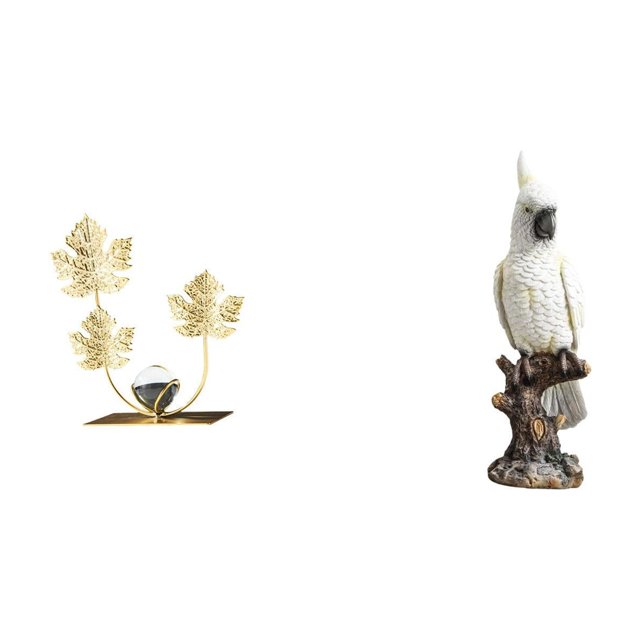 Figura decorativa de loro con flores y hojas de metal. Adorno de resina con base estable. Ideal para escritorio, estante, mesa, armario o como regalo.