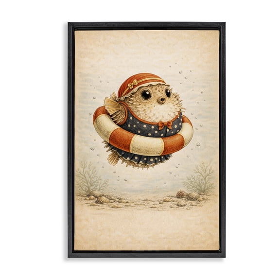 Stupell Industries Tropical Pufferfish Of Maritime Bathing Society Black Floating Frame Canvas Art, 17 x 25, by Grotto Studios