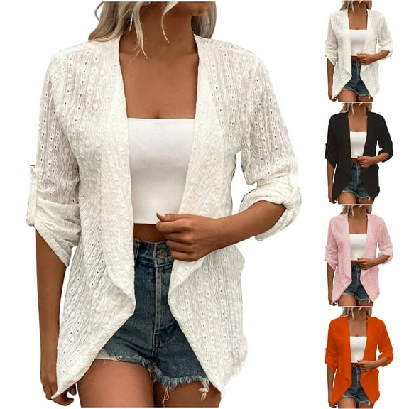 APEXFWDT Women's Cardigans Lightweight Long Sleeve Open Front Casual Eyelet Cardigan for Women Hollow Out Cardigans Jacket Spring