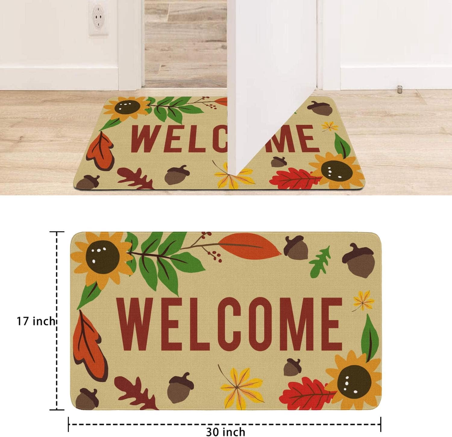 Linen Door Mat Maple Sunflower Dirt Resist Rug Welcome Indoor and Outdoor Front Entrance Doormat Home Decor Heavy Rubber Backing for Non Slip, 30" X 17"