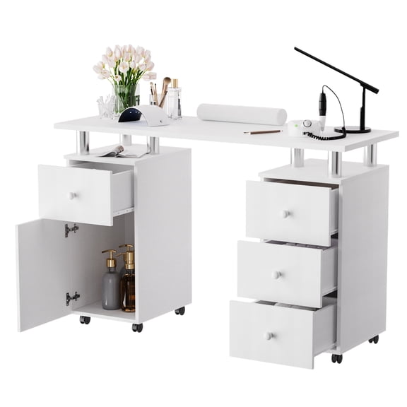 Nail Desk for Nail Tech 47 inch Manicure Table with Drawers/Wrist Pad/Lockable Wheels Acetone Resistant Nail Art Station for Salon Spa Beauty Bar Technician,White