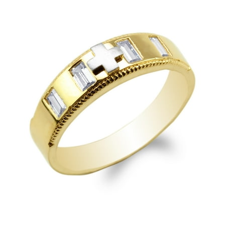 - JamesJenny Mens 10K Yellow Gold Two Tone Baguette CZ Embedded Cross Wedding Ring Size 7-11