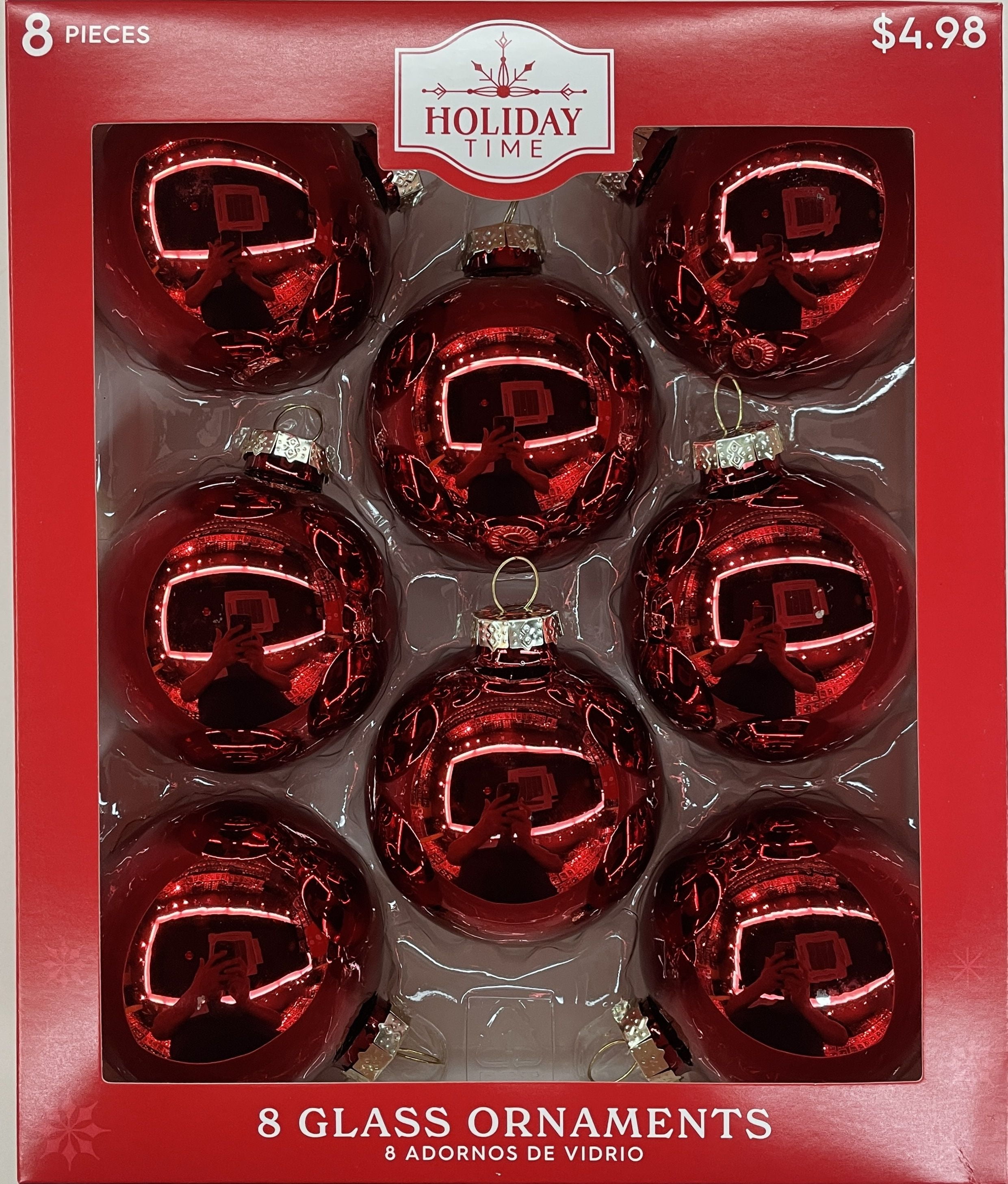 Holiday Time Solid Glass Ball Christmas Ornaments, 2 5/8" (67MM), 8 Count, Boxed Glass, Shiny Red