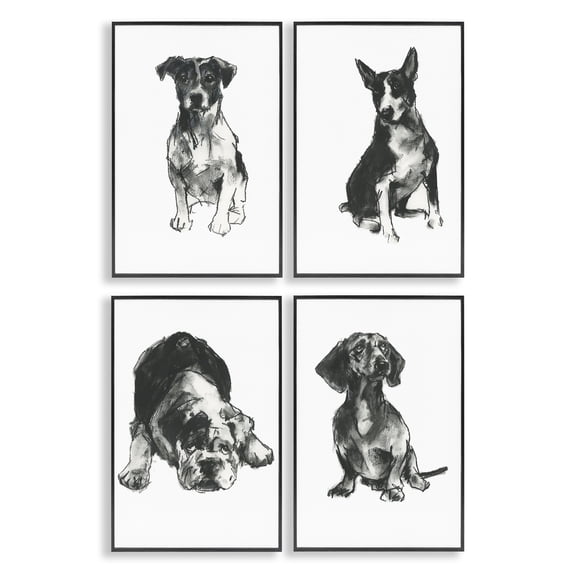 Stupell Industries Traditional Dog Sketches Animals Drawing Black Framed Art Print Wall Art, 12 x 18, Set of 4