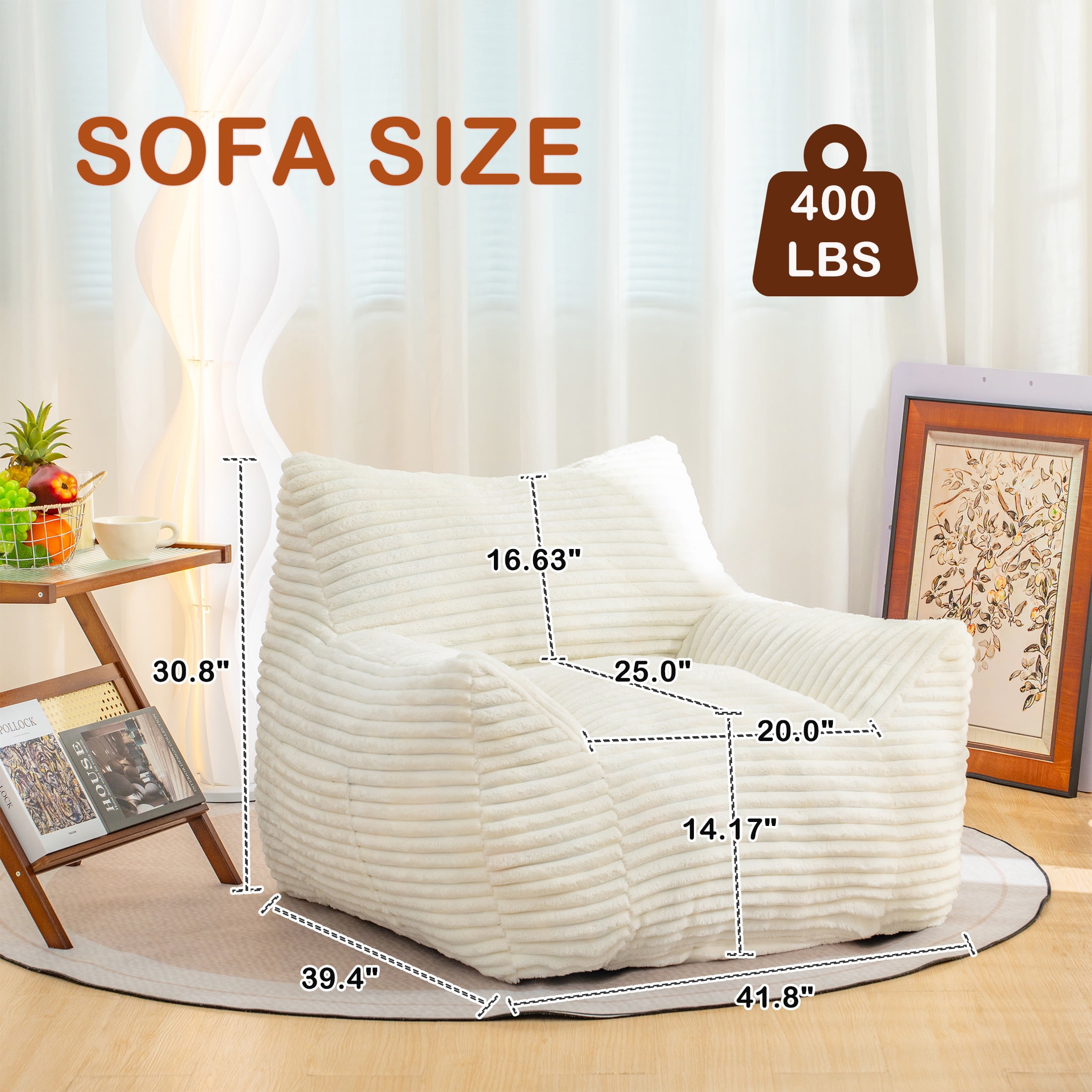 PORKISS Giant Bean Bag Chairs for Adults, Big Comfy Chair Sofa with Corduroy Fabric, Ultra Soft Lazy Floor Sofa Chair with Storage Side Pockets for Family, White