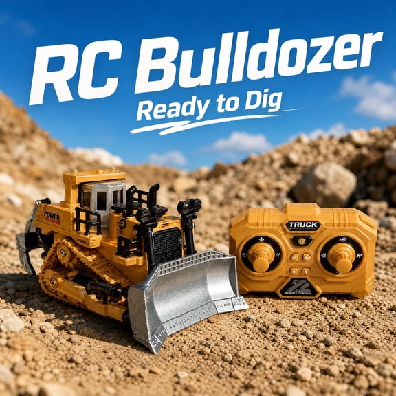 1:64 Scale Yellow Mini RC Bulldozer Toy, Partial Alloy & Plastic Remote Control Construction Vehicle, 360° Rotation, LED Lights, Battery & Charger Included for Kids Ages 6 and Up