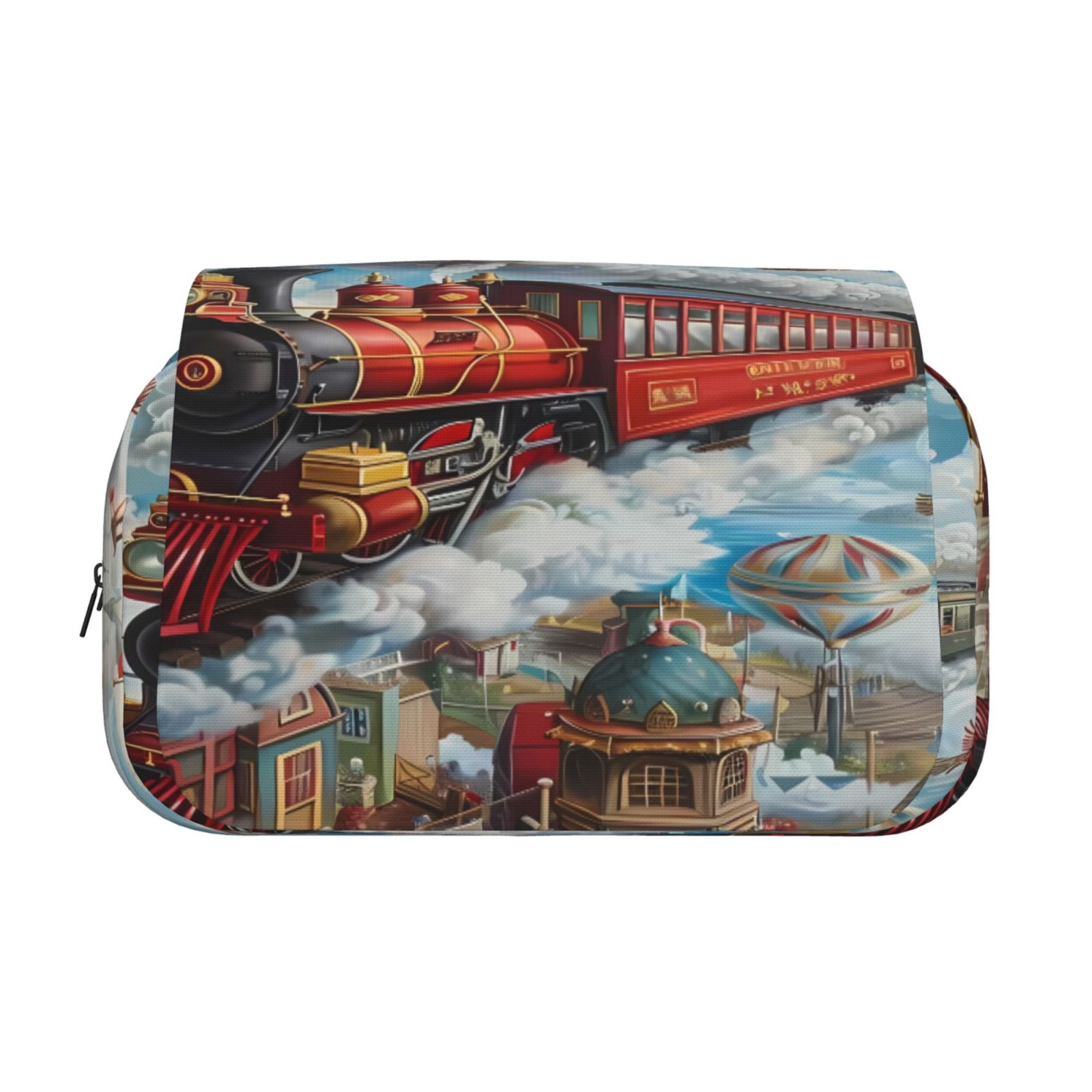 Rateoe Red Train Hot Air Balloon Pattern Double Clamshell Pen Case, Storage Organizer with Two Zipper Compartments– Holds Up to 50 Pencils & Pens