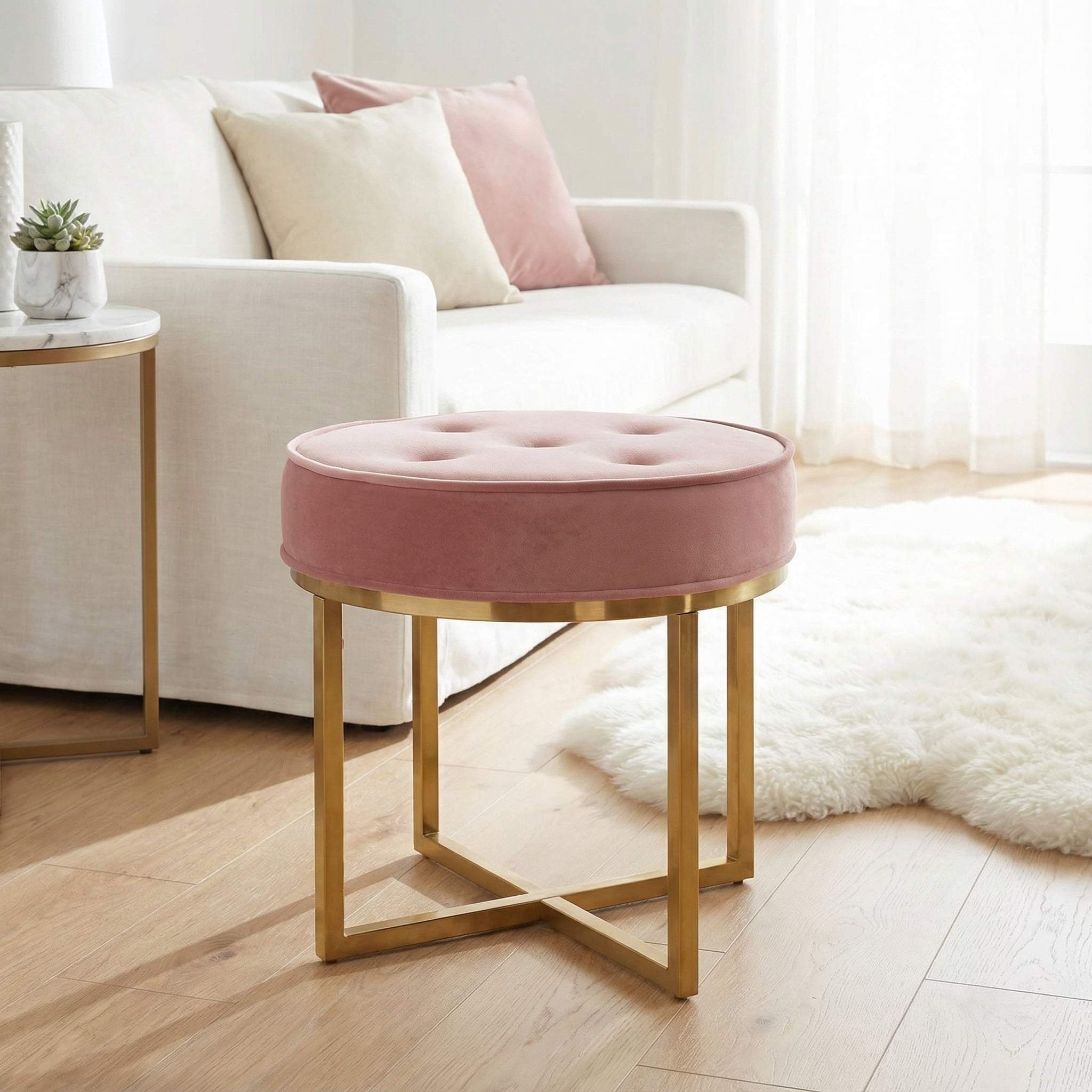 Cortesi Home Rosa Round Ottoman, Blush Pink Velvet with Brushed Gold Stainless Steel