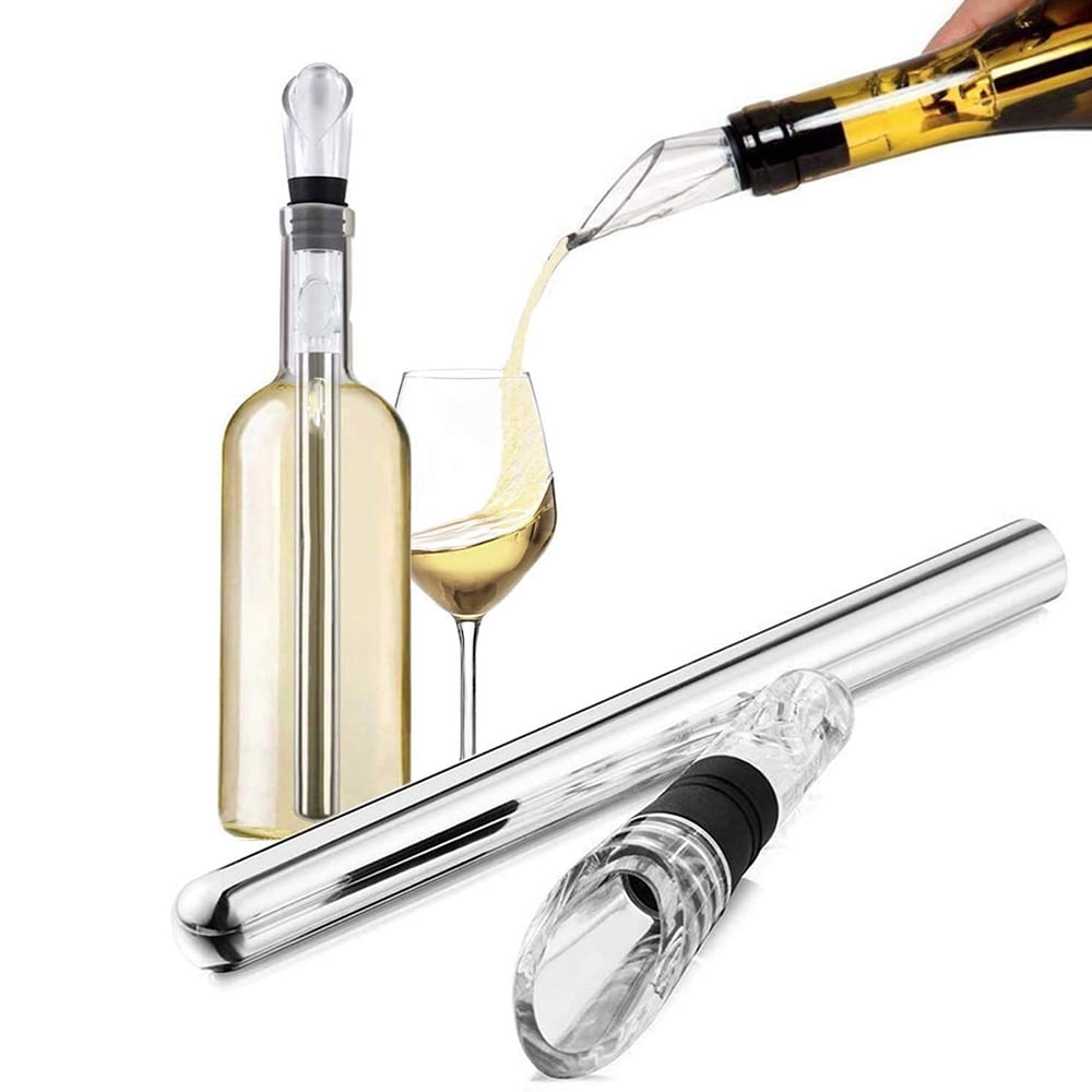 3 in 1 Stainless Wine Cooler Stick Set Safe Rapid Iceless Wine Chilling Rod Easy to Use for Outdoor & Indoor Home Bar BBQ Party Wine Chiller Stick with Pourer & Filter 
