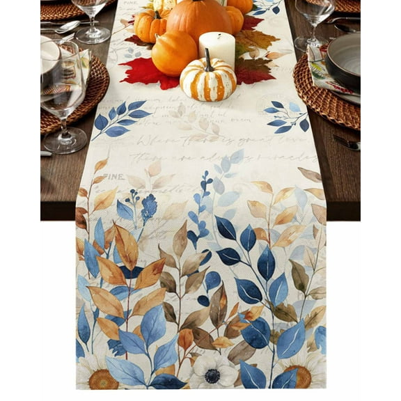 Fall Botanical Leaves Table Runner-Cotton Linen- 72 Inch Holiday Dresser Scarves, Blue Orange Brown Eucalyptus Retro Rustic Tablerunner for Kitchen Coffee/Dining Living Room Dinner Scarf Décor 14x72
