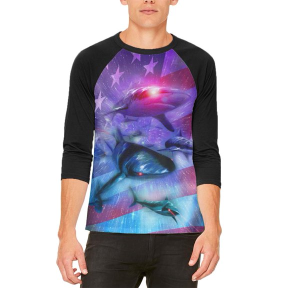 July 4th Patriotic American Galaxy Laser Sharks Mens Raglan T Shirt White-Black SM