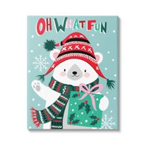 Oh What Fun Winter Polar Bear Falling Snowflakes Inspirational Graphic Art Gallery-Wrapped Canvas Print Wall Art