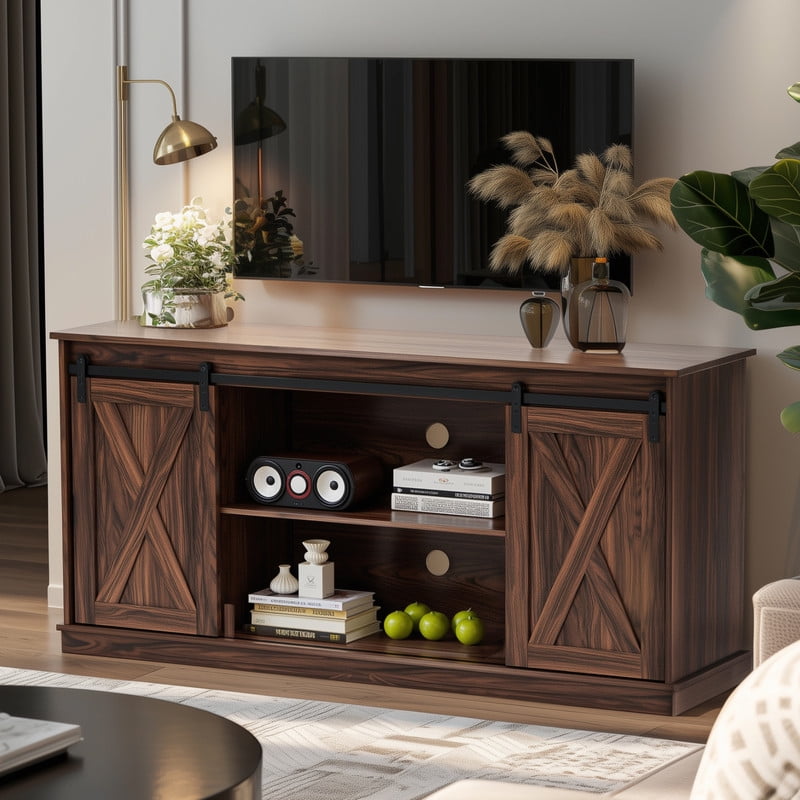 Bigleap 65 Inch TV Stand with Sliding Barn Doors, Adjustable Shelves Media Console, Farmhouse Entertainment Center for Living Room Storage，Brown