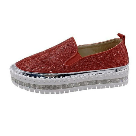 

TUOBARR Flat Shoes for Women Women s Single Shoes Rhinestones Thick-Soled Flat Shoes Casual Students Shoes Red